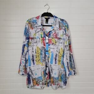 Ali Miles Graphic Travel Button Up Shirt Plus Size 1X Wide Sleeve Wearable Art